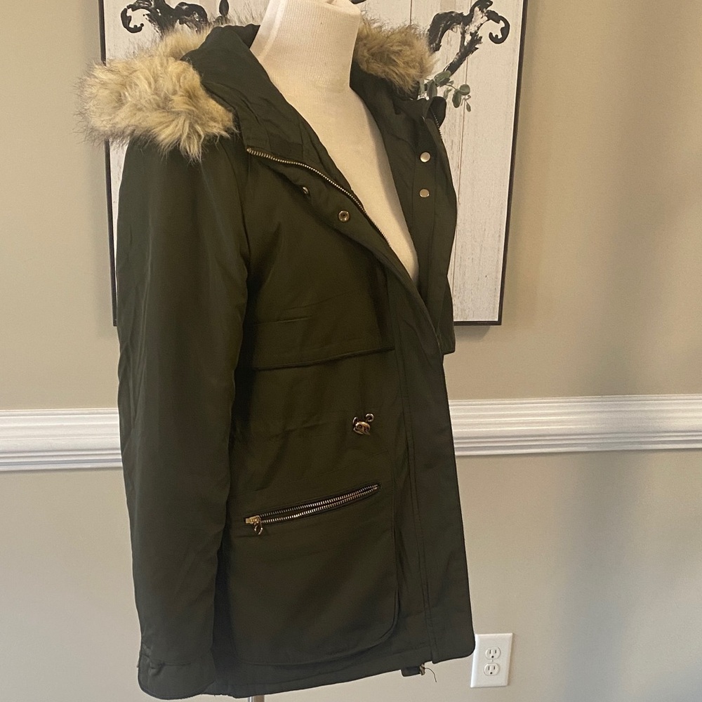 Zen Olive Utility Jacket with Faux Fur Hood